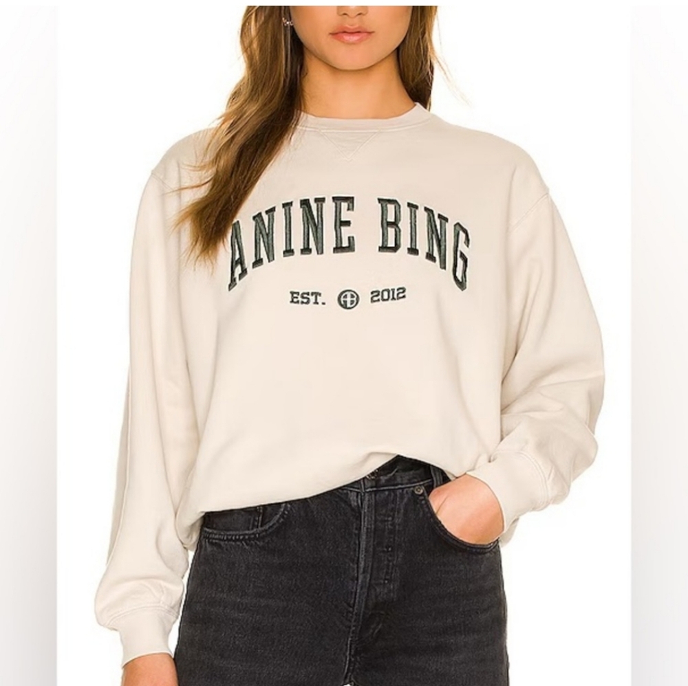 Anine Bing New White Beige Embroidery Logo Sweatshirt Hoodie Size S/P